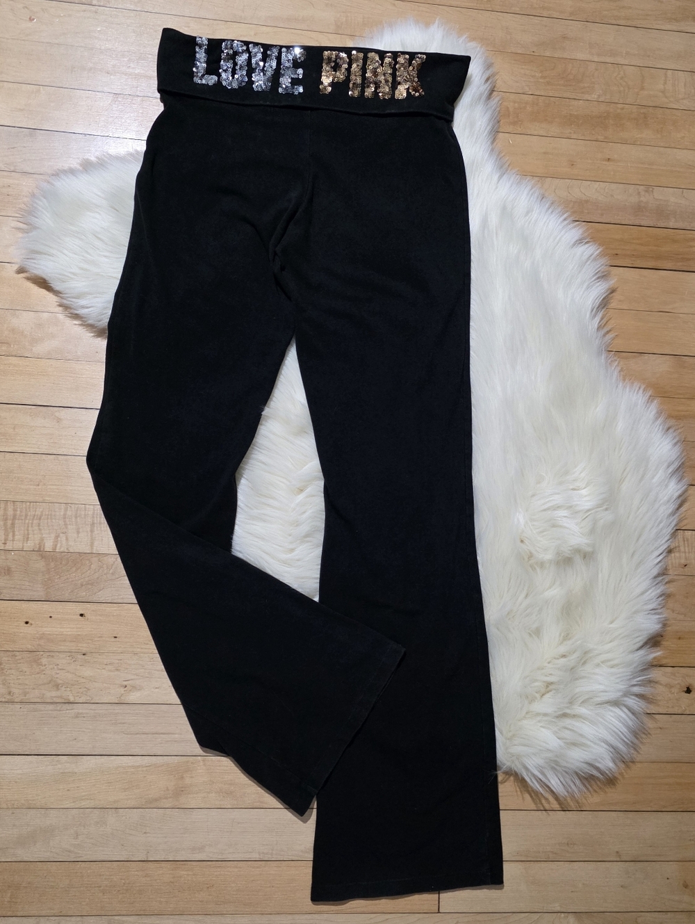 VTG Love Pants Womens L Black Yoga Flare Sequin Fold Over Victoria Secret Y2K